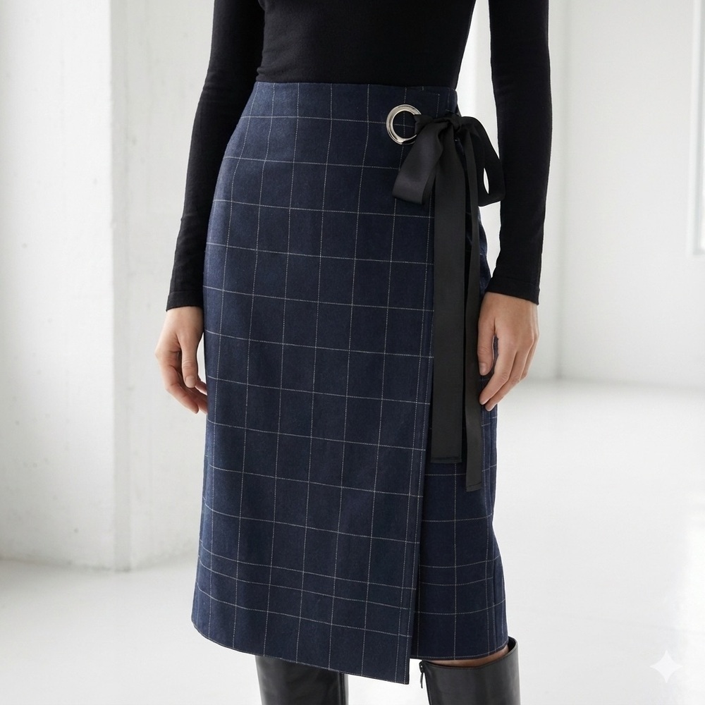 Elizabeth and James navy wool cashmere windowpane wrap midi skirt - size 2 (XS)